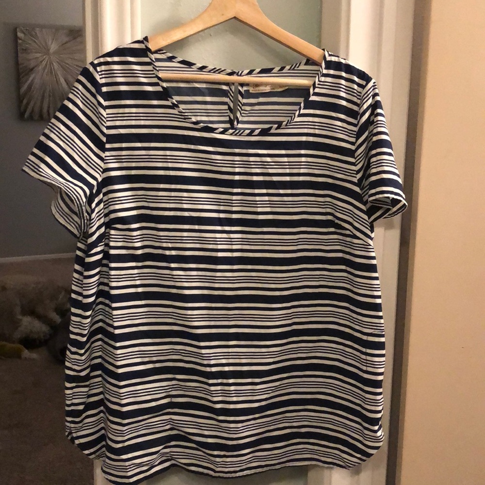 Navy blue and white striped blouse